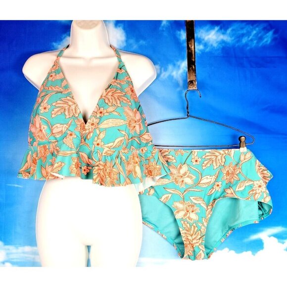 TIME & TRU 2 pc Bikini Aqua/Teal FLORAL Ruffle Top Adj Straps Flattering size 3x - Picture 1 of 6